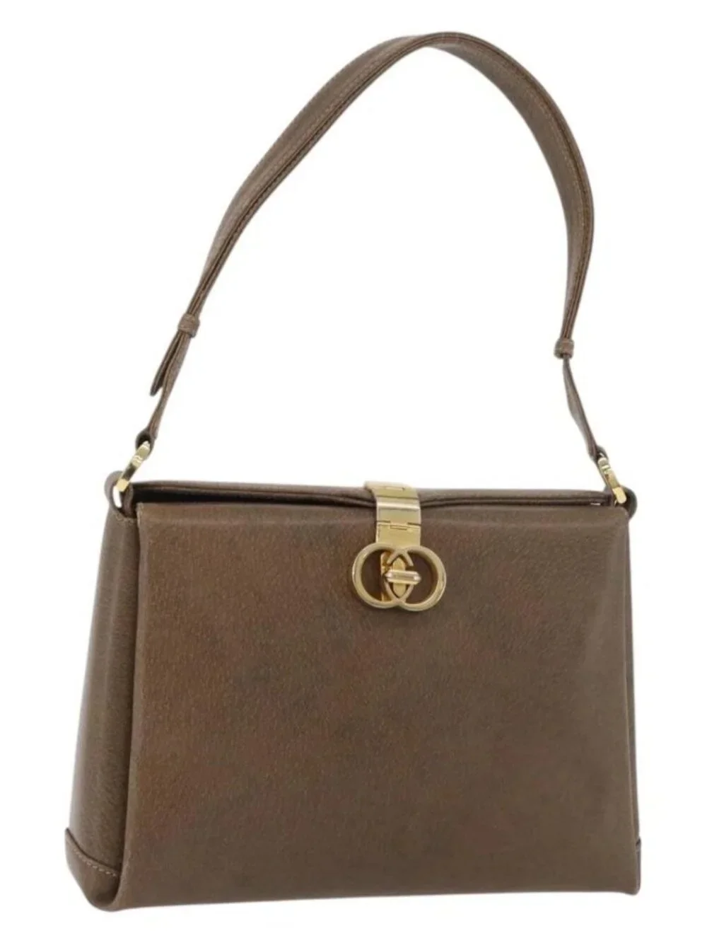 GUCCI Shoulder Bag Leather Brown Gold Auth
